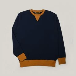 STEVENSON OVERALL CO. V-GUSSET WOOL KNITTED SWEAT SHIT - NAVY