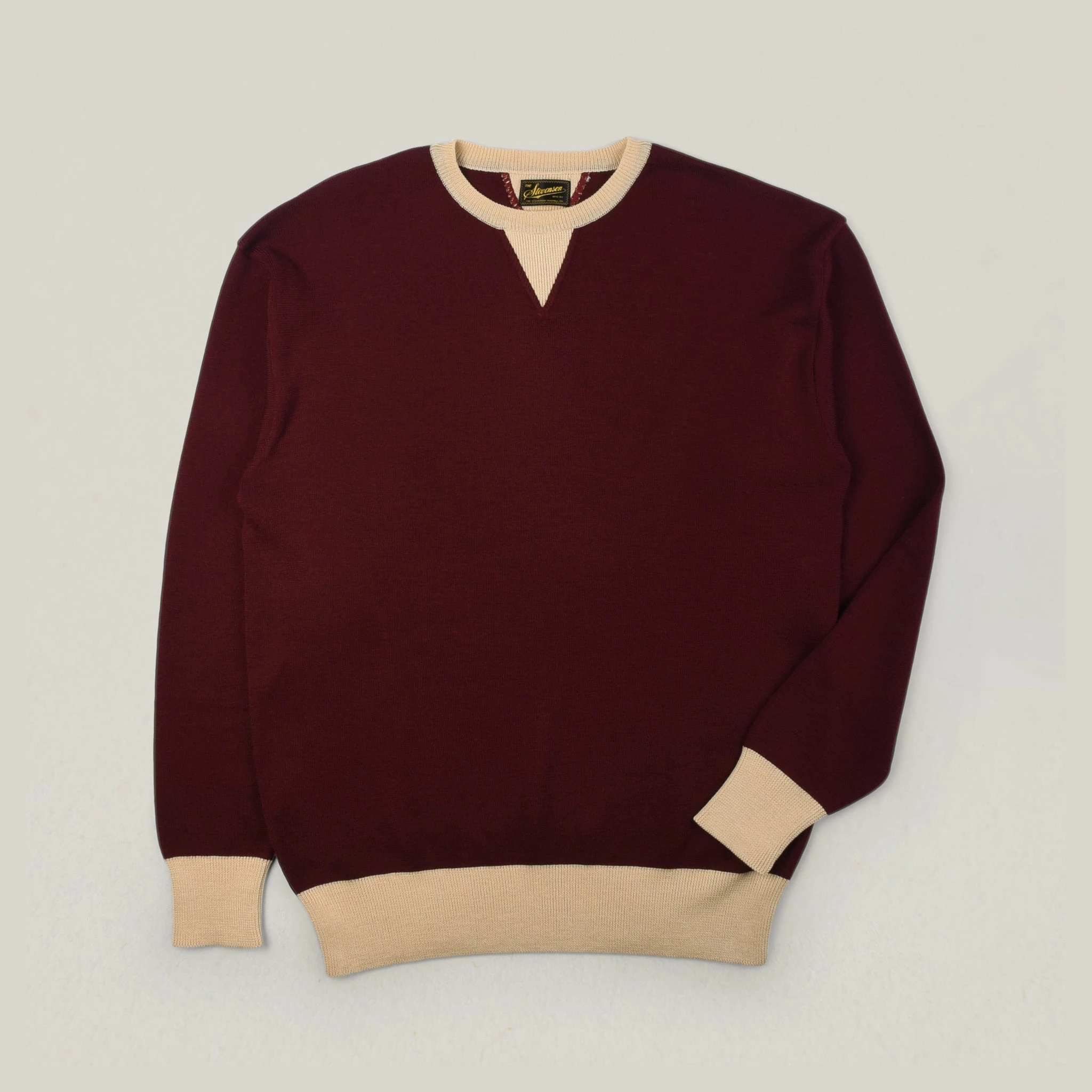 STEVENSON OVERALL CO. V-GUSSET WOOL KNITTED SWEATSHIRT - BURGUNDY 3 STEVENSON OVERALL CO. V-GUSSET WOOL KNITTED SWEATSHIRT - BURGUNDY