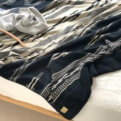 BASSHU COTTON PILE BLANKET LARGE - NATIVE MOTIF BLACK -Pickings and Parry shop nativeblacktowelLsitch3 1024x1024@2x